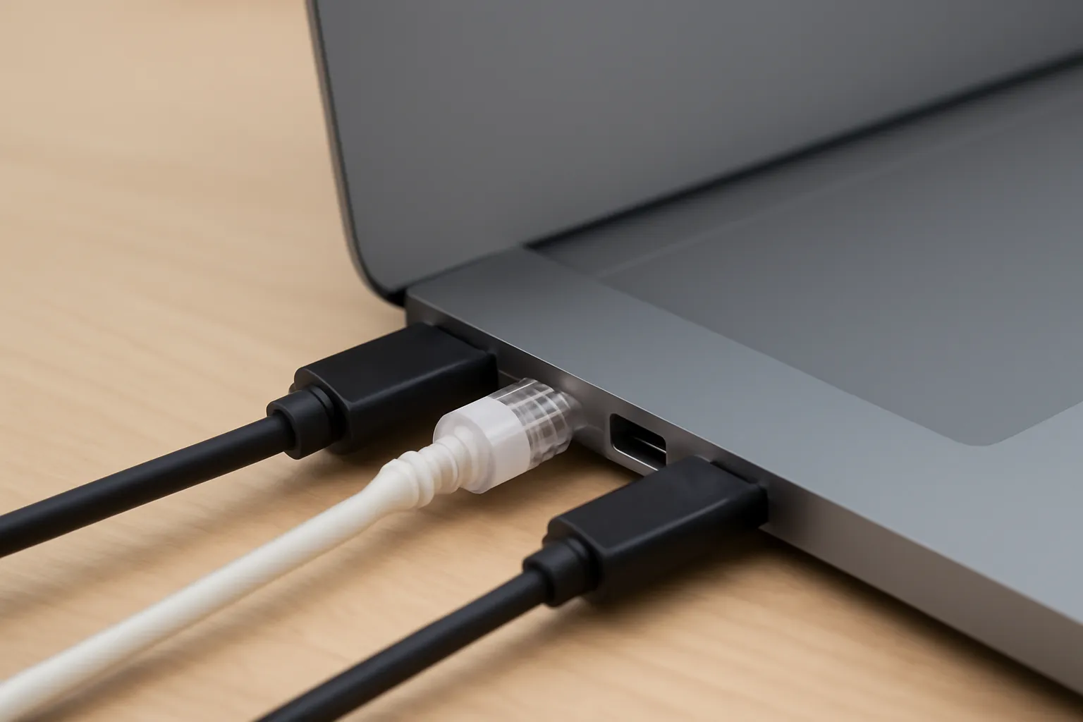 Close-up of a MacBook side profile showing a USB-C hub plugged into two adjacent ports, with HDMI, Ethernet, and USB-A cables attached to illustrate why the hub is useful.