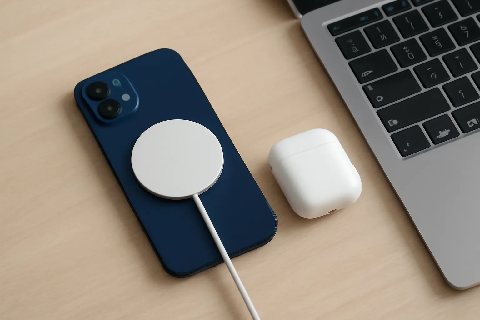 Lifestyle shot of an iPhone on a MagSafe charger next to a laptop and AirPods case, emphasizing everyday charging convenience and the decision of whether MagSafe is worth buying now.