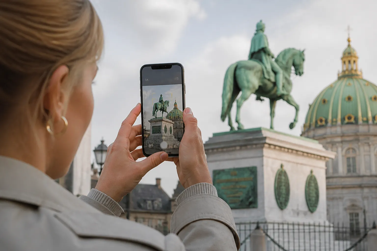 En bruger fotograferer et historisk bygningsværk eller en tydelig statue med en iPhone-lignende telefon. Telefonens kameravisning har kun diskrete, ikke-tekstbaserede genkendelsesmarkører, så Visual Intelligence-vinklen