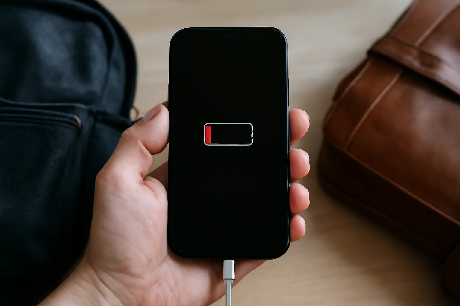 Close-up of a hand charging an aging iPhone beside a packed work bag and a low battery anxiety moment, emphasizing battery life as the buying trigger.