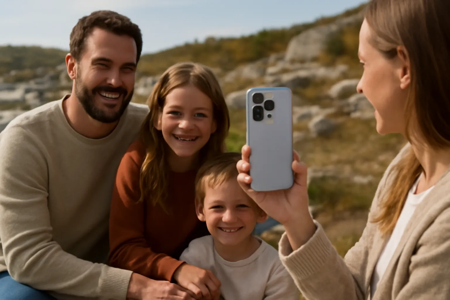 A family or travel snapshot scene where someone uses an iPhone for photos and video at a weekend outing, showing camera quality as the everyday reason to upgrade.