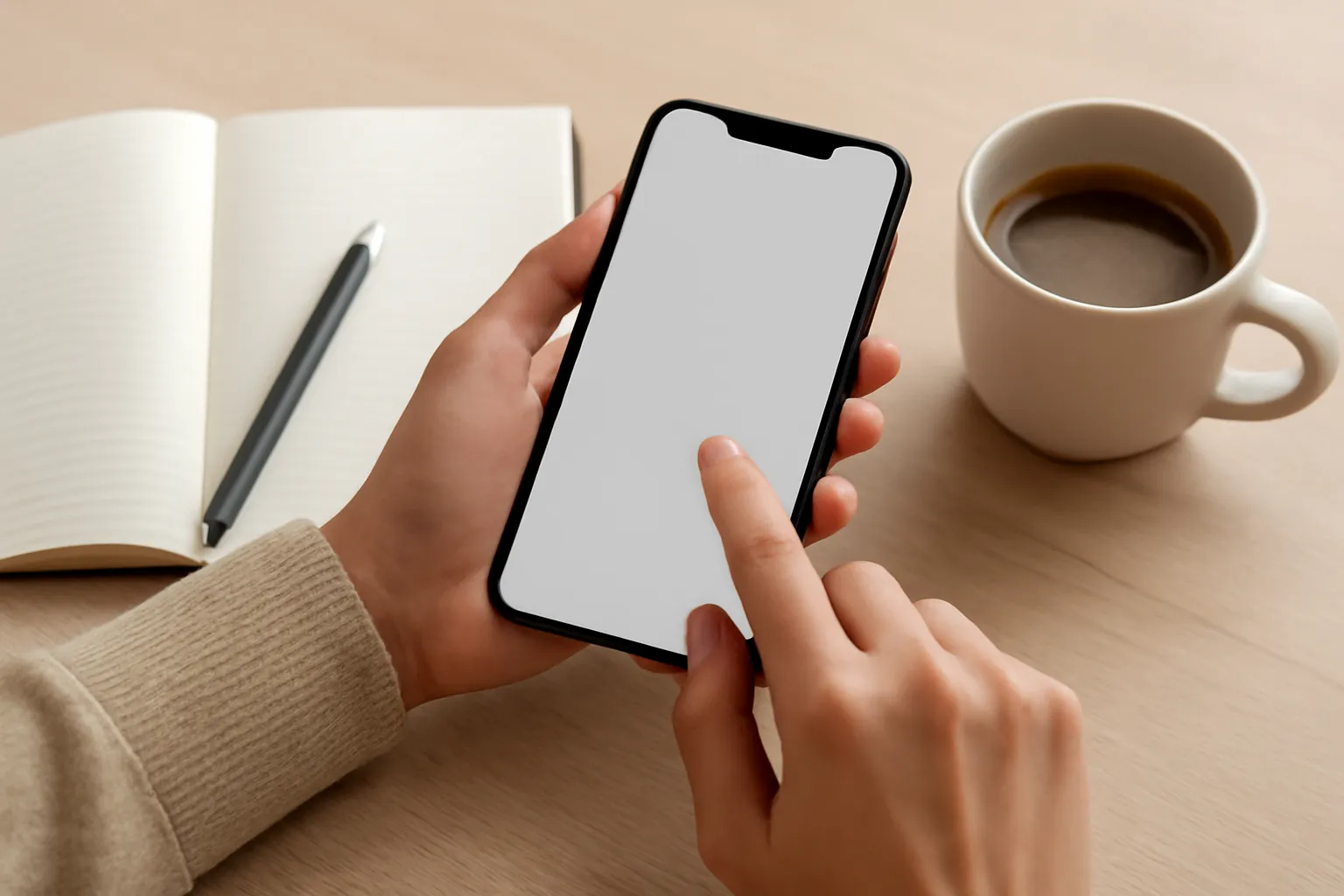 Close-up of hands using an iPhone beside a notebook and coffee, suggesting a multi-step task like scheduling, writing, or summarizing — with no readable text on screen.
