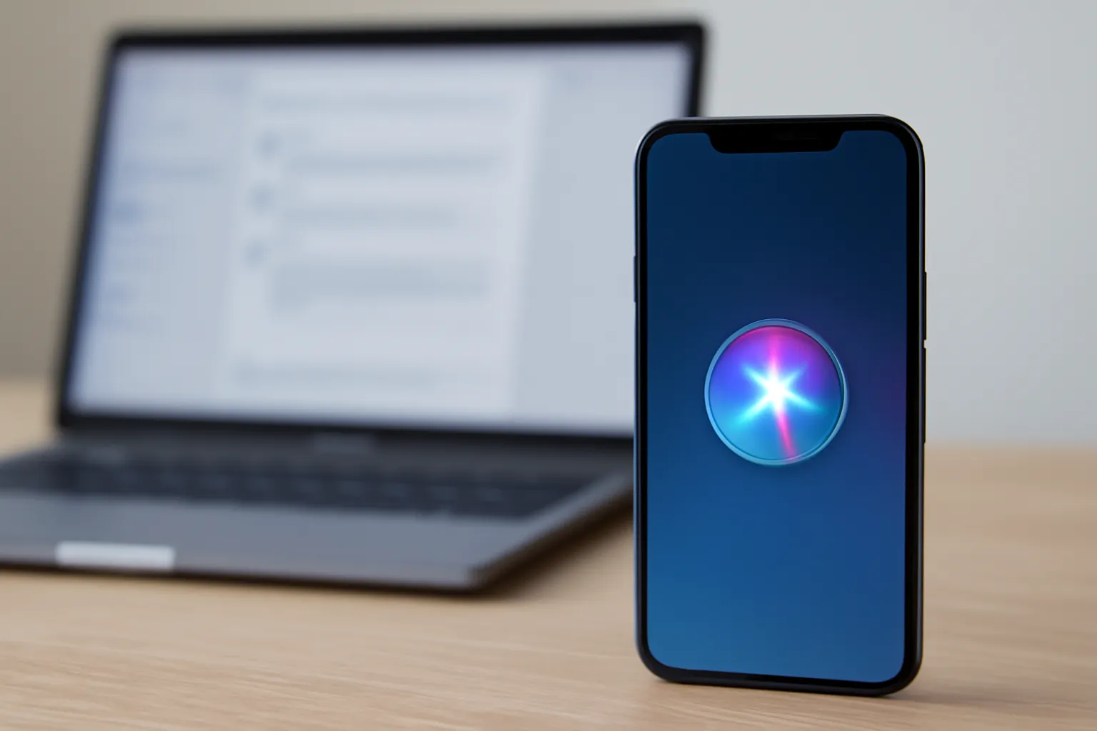 A split-workflow scene with an iPhone in the foreground and a MacBook or iPad blurred in the background, implying Apple ecosystem integration versus external AI tools.