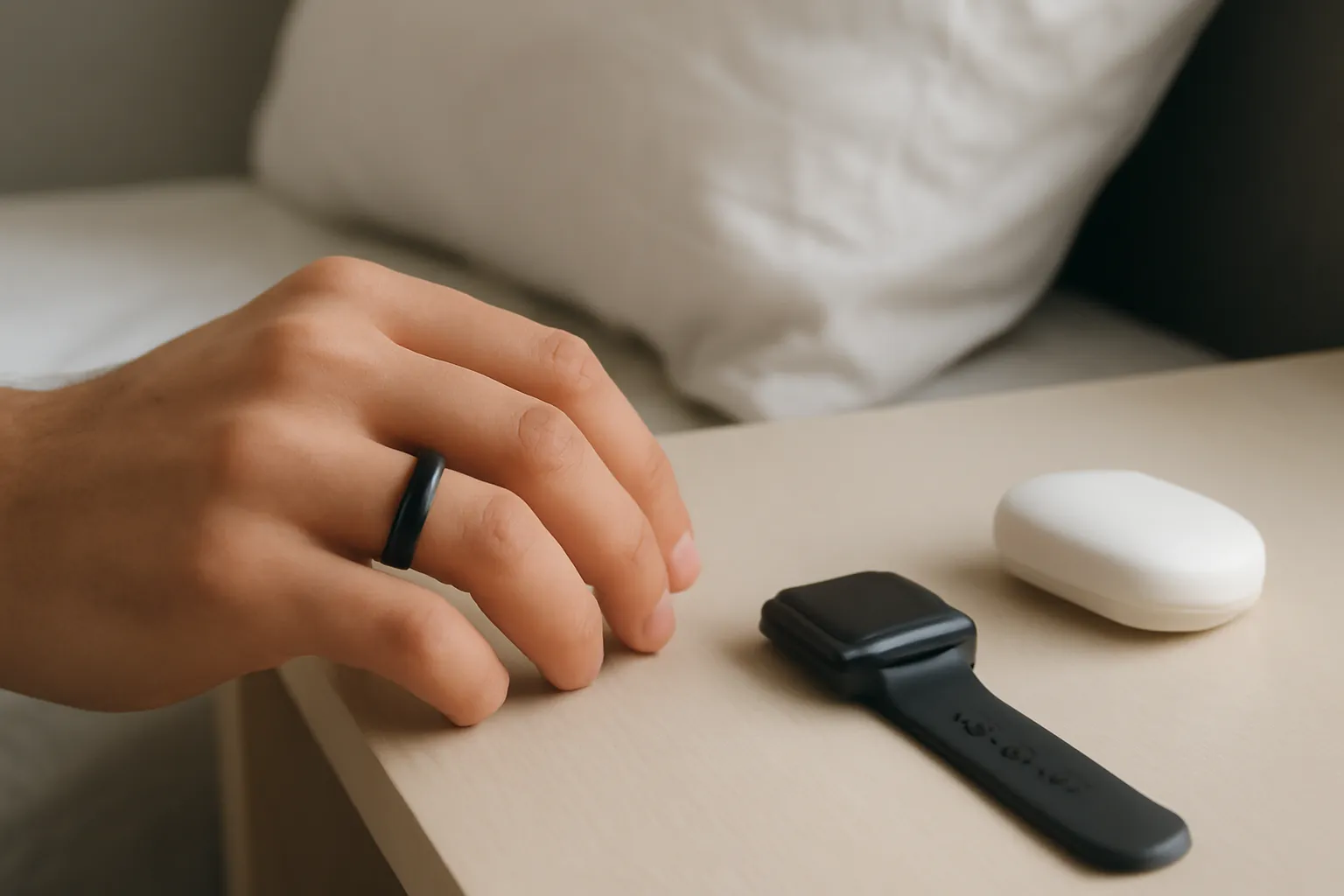 Close-up of a hand wearing a smart ring while an Apple Watch lies unused on a bedside table next to sleep-tracking accessories, emphasizing sleep-friendly tracking versus wrist wear.