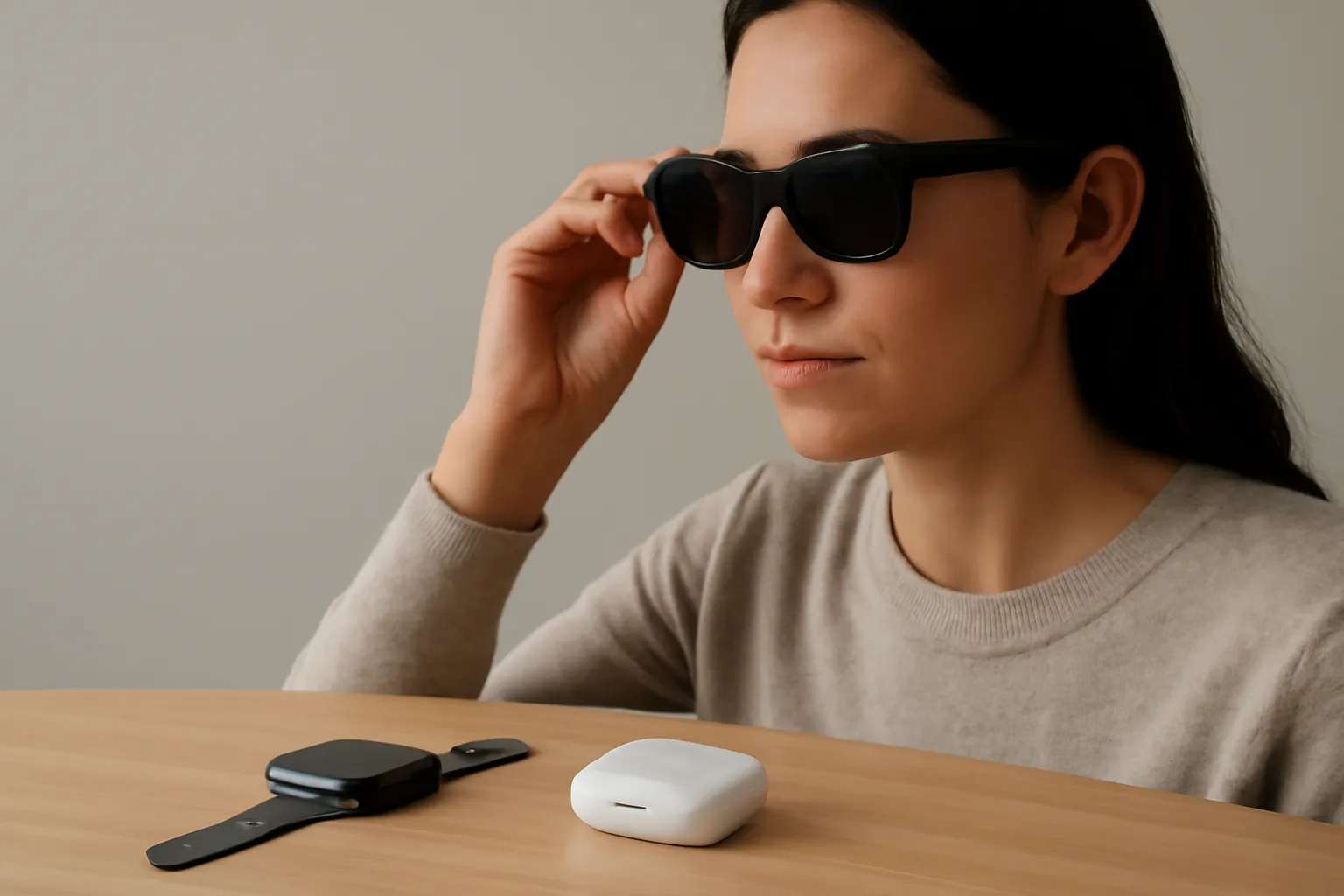 A person putting on smart glasses while AirPods case and Apple Watch sit on a desk, showing the shift from wrist-based health to camera-based ambient AI and audio-first wearables.