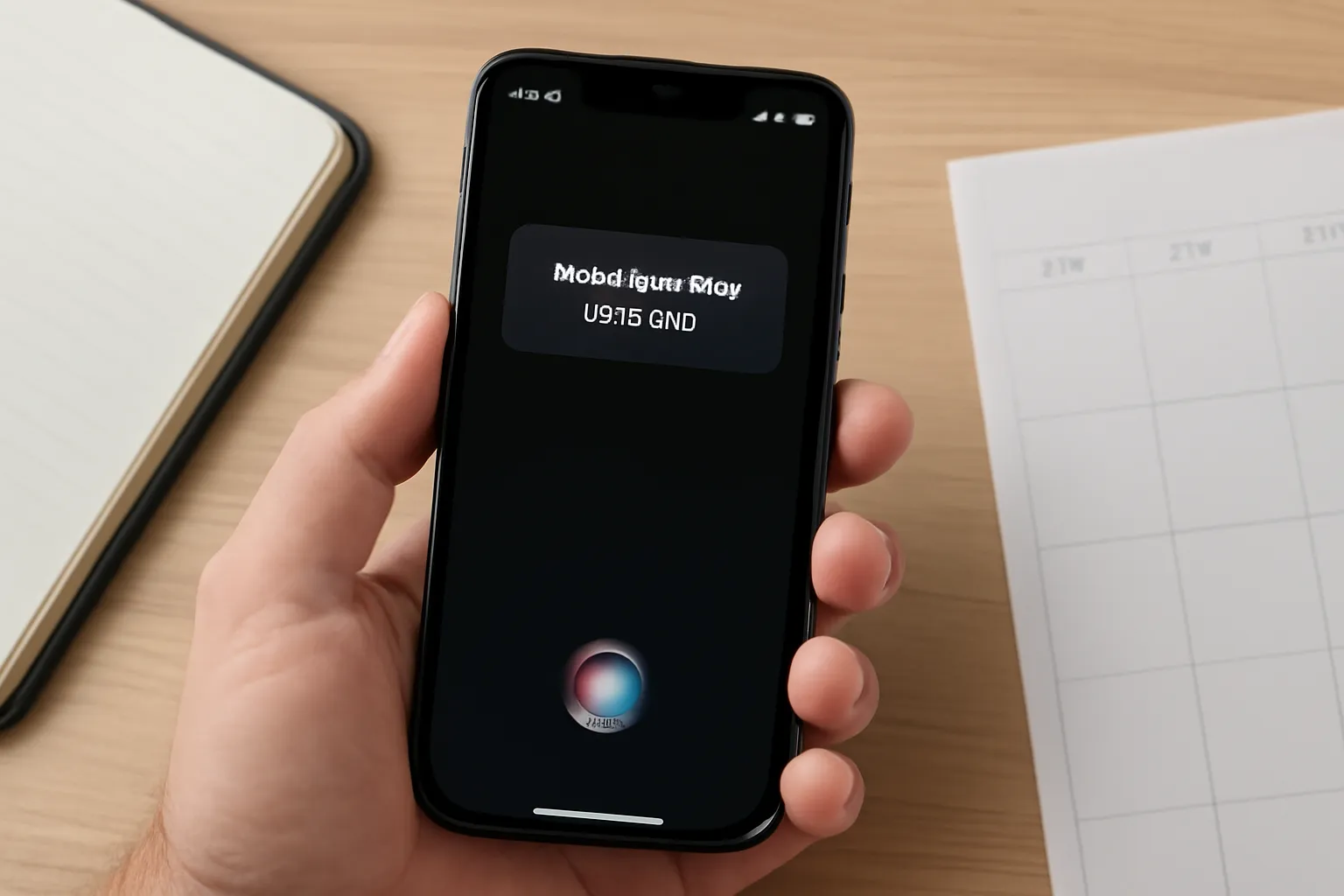 Close-up of an iPhone in hand beside a notebook and calendar, suggesting reminders, notes, and scheduling without readable text.