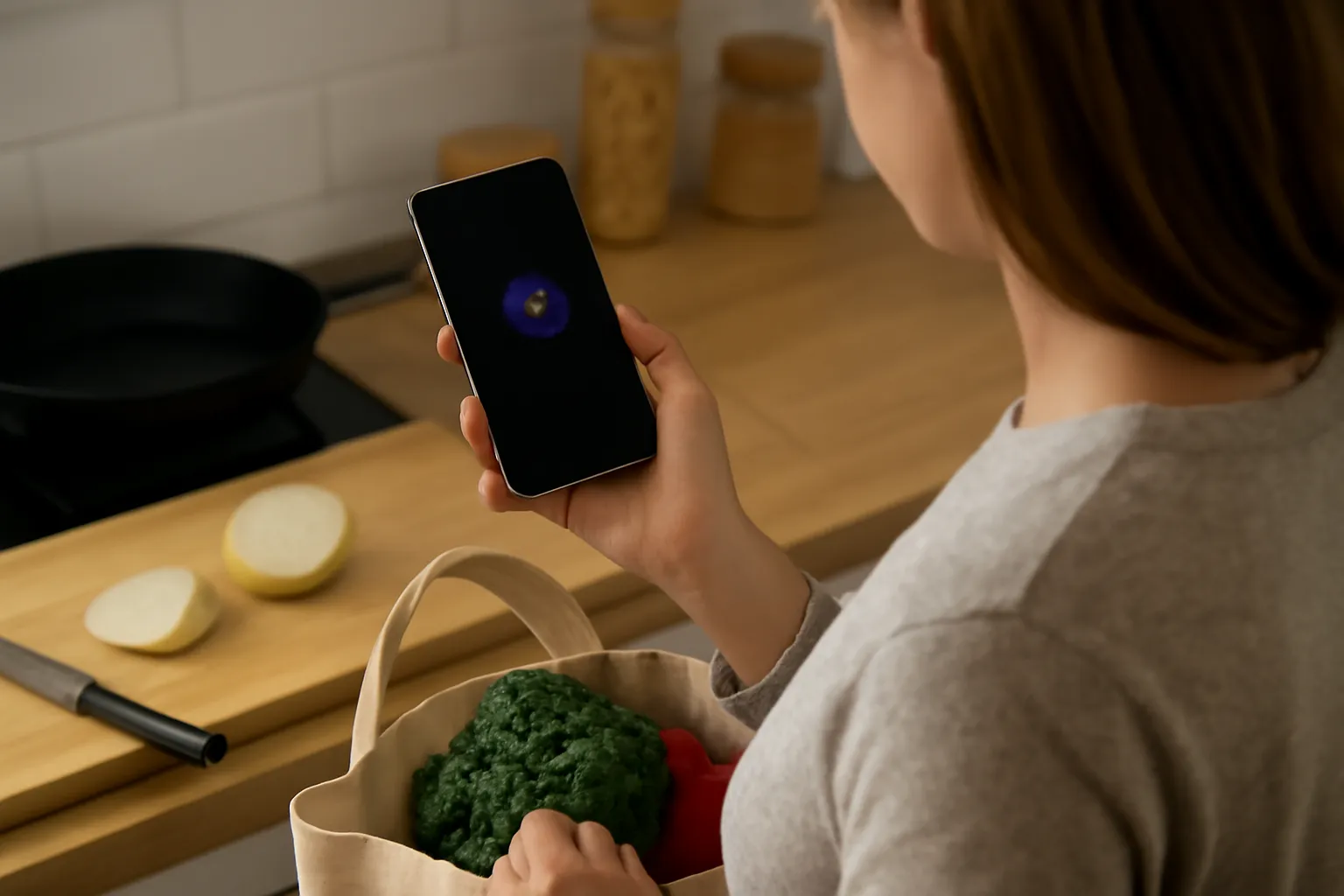 A person using voice interaction with an iPhone while cooking or packing a bag, implying hands-free Siri use in a real routine.