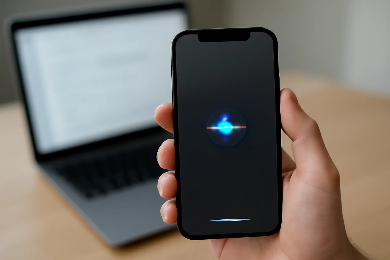 Close-up of an iPhone in hand with a generic assistant interface and a second device/laptop in the background suggesting cross-app workflows, with no readable text.