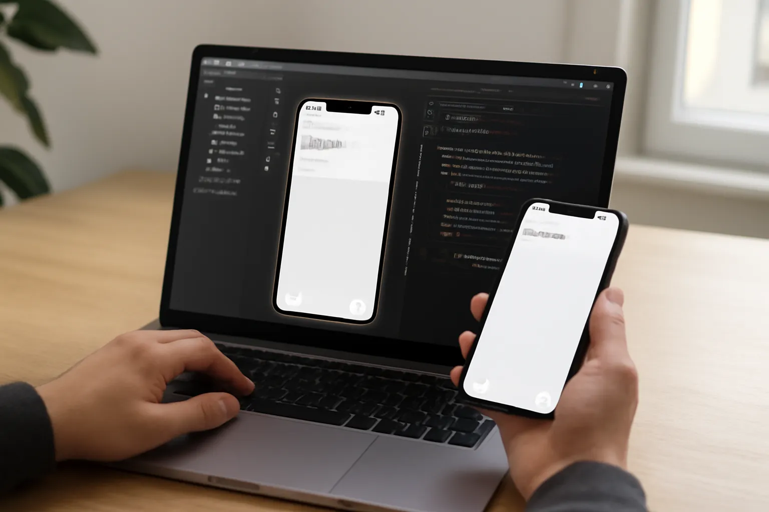 Developer-oriented scene showing a MacBook with an iPhone Simulator-like setup and a person testing an app workflow, implying Claude/OpenAI-style AI tooling near Apple development without any branded UI.