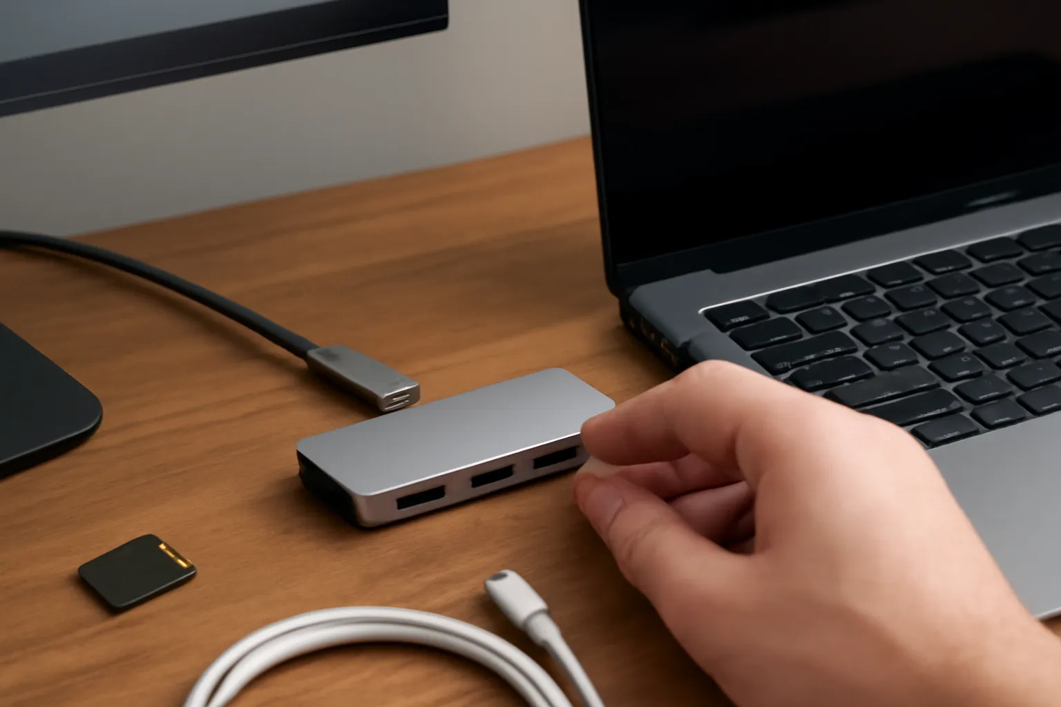 Close-up of a hand plugging a USB-C hub into a MacBook while an external monitor cable, SD card, and Ethernet cable sit nearby, illustrating the 'hub or dock' decision.