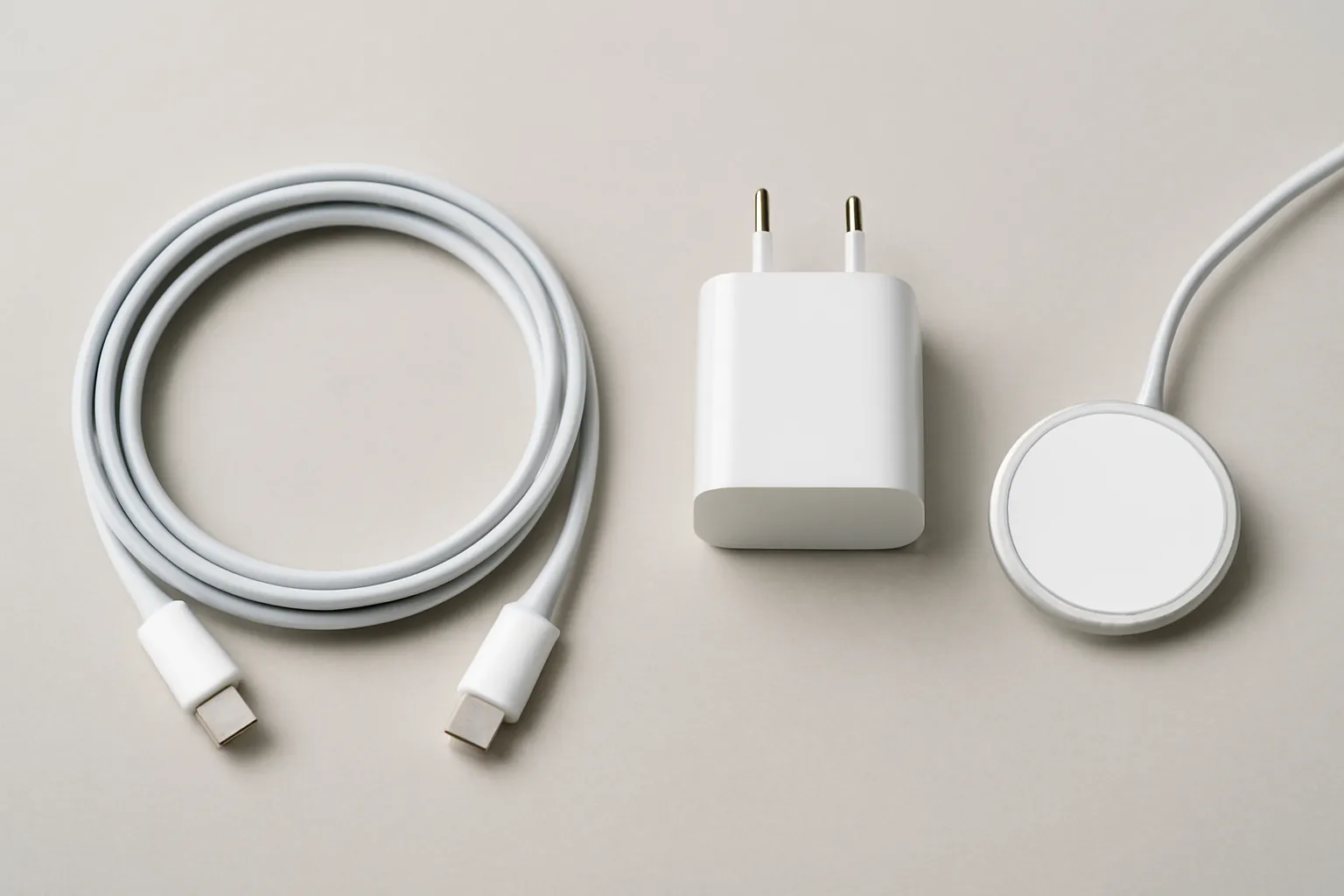Flat-lay of several Apple-style charging accessories: USB-C cables, a compact wall charger, and a MagSafe puck on a neutral desk, arranged to suggest comparing wattage, connector type, and value.
