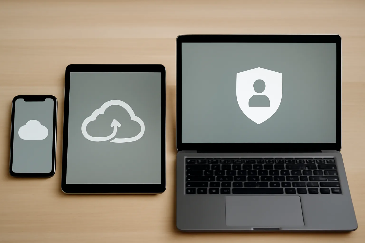 A tidy desk scene with iPhone, iPad, and MacBook side by side, showing generic cloud-sync and privacy symbols as abstract interface shapes to represent iCloud and data-sharing decisions.