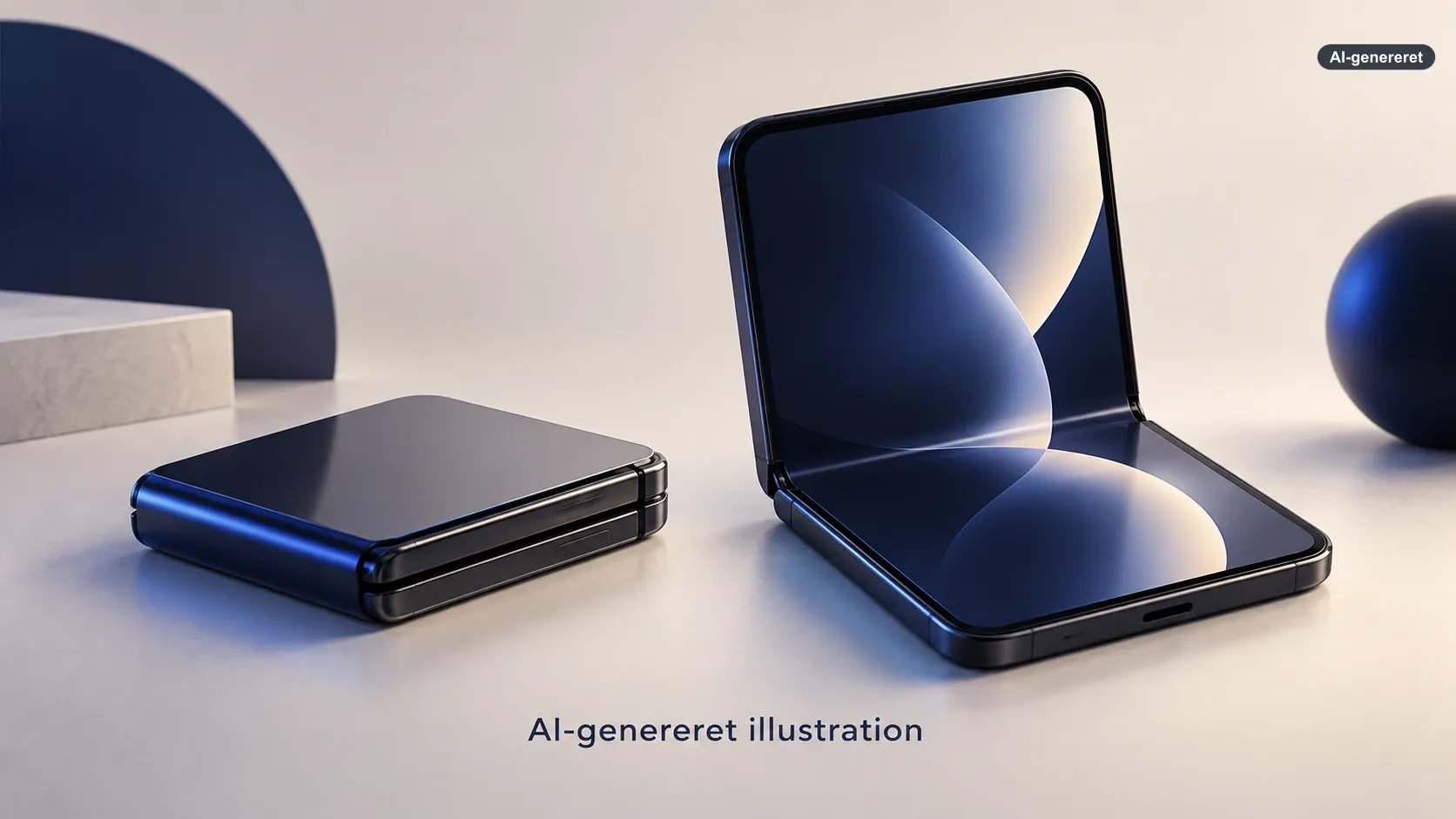 AI-genereret illustration af en lukket og en åben foldbar telefon – ikke Apples officielle design