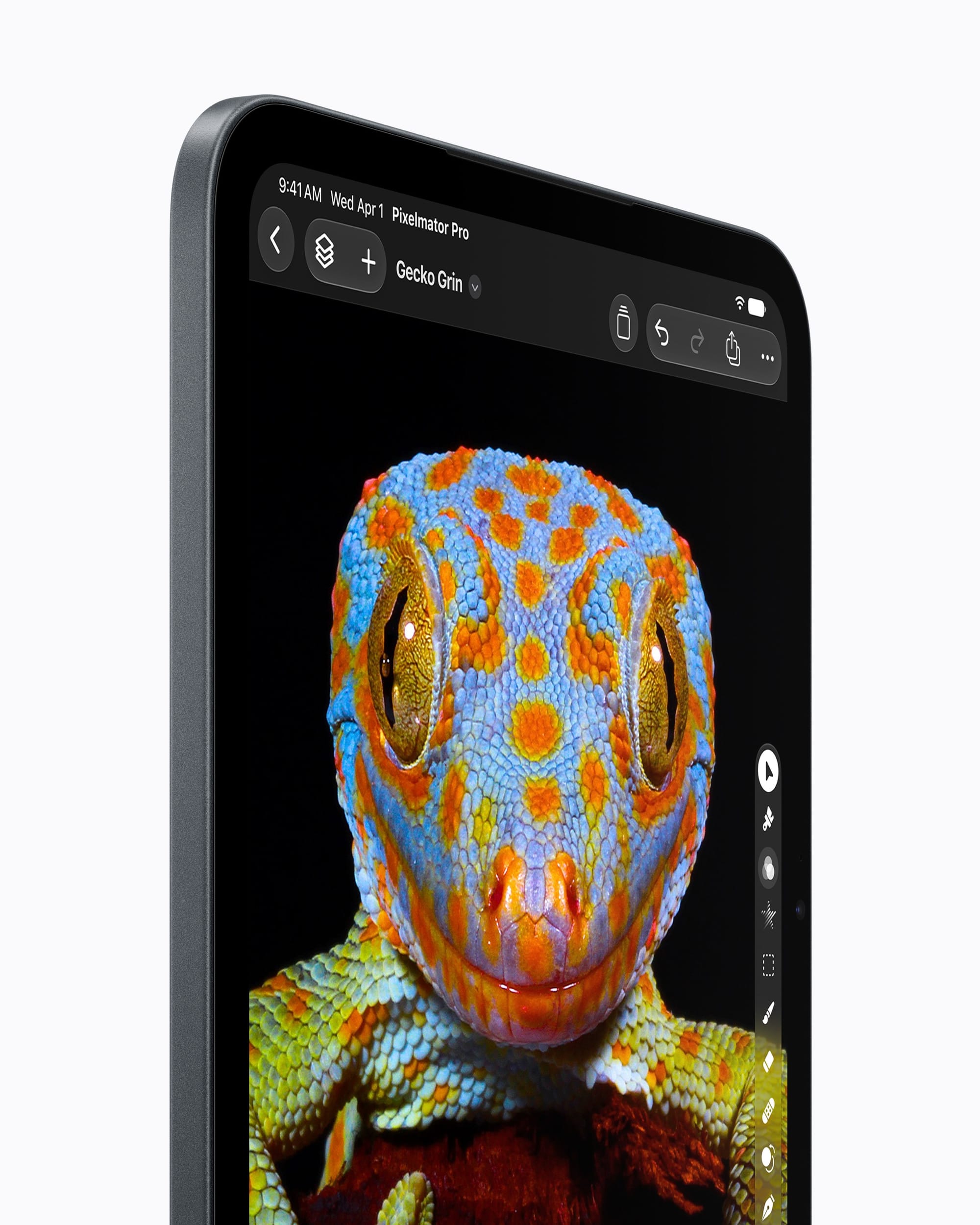 Super Retina XDR-skærmen på iPad mini viser et nærbillede af en gekko.