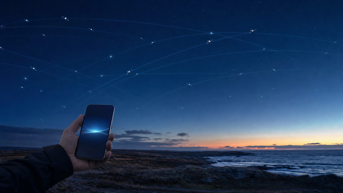 En mobil forbinder til et stort satellitnetværk over en nordisk kyst