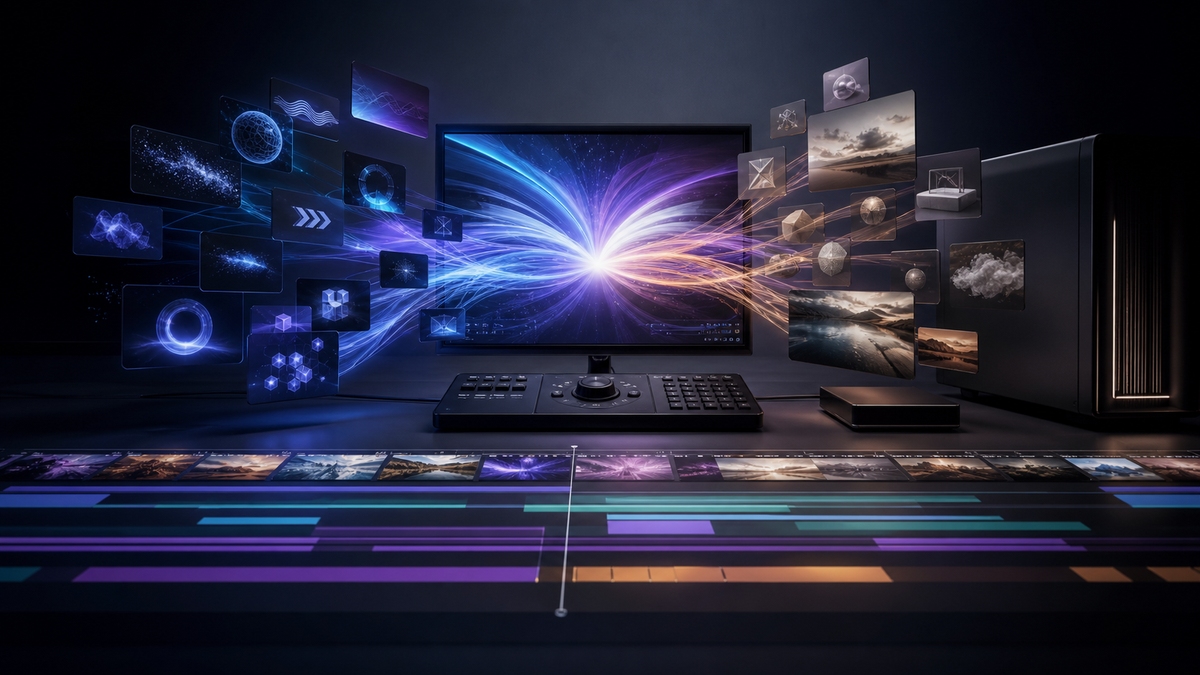 Konceptillustration af motion graphics, der samles i et professionelt redigeringsmiljø