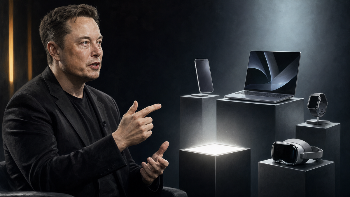 Elon Musk peger mod en række teknologiprodukter og en tom oplyst sokkel