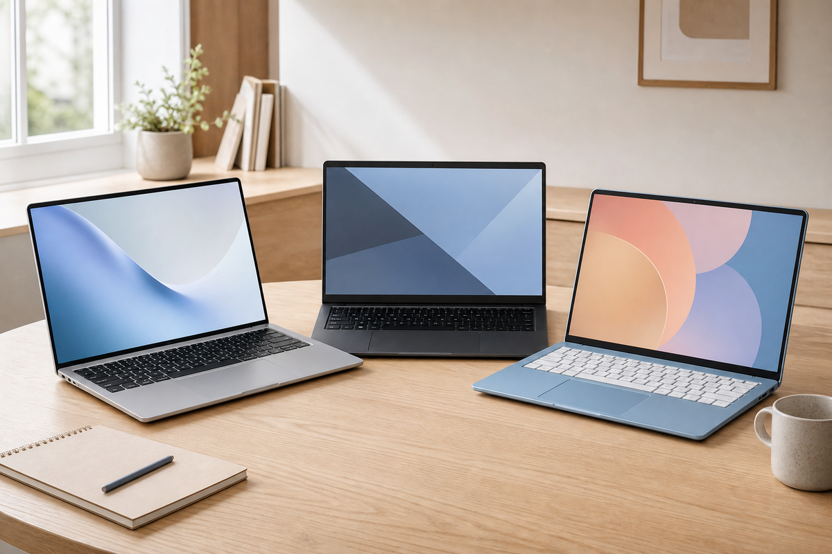 Tre forskellige bærbare computere på et lyst skrivebord som symbol på valget mellem MacBook, Windows og Chromebook