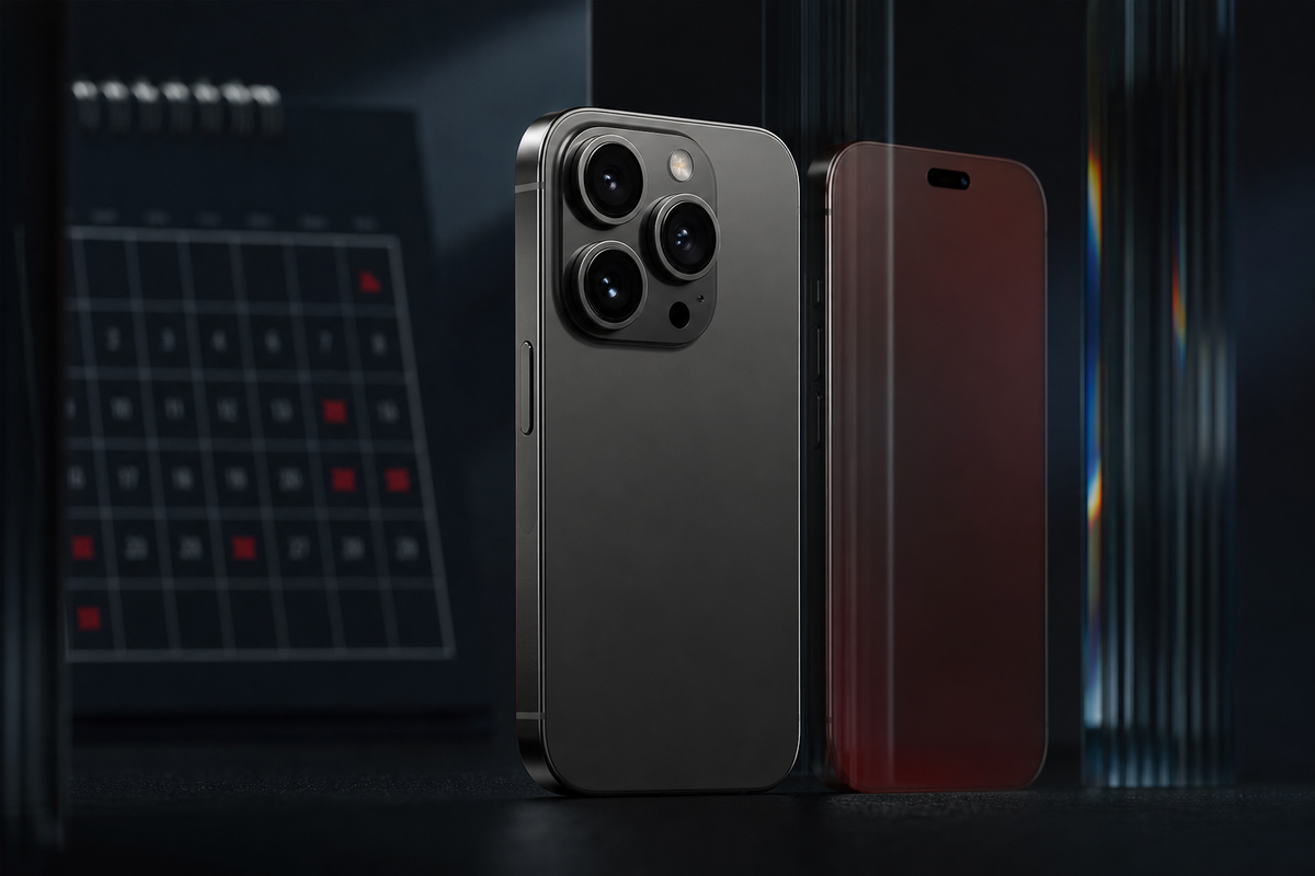 AI-genereret redaktionel illustration af mulige iPhone 18 Pro-designs i mørk finish og dybrød farve