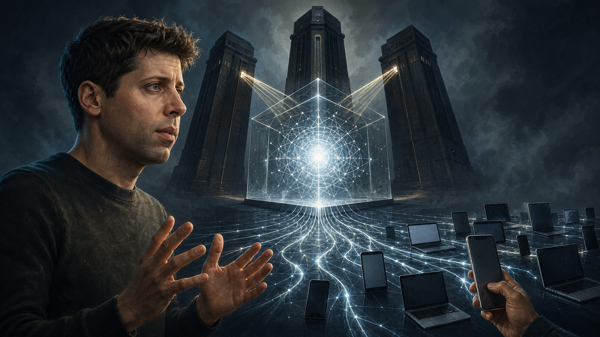 Sam Altman foran en lysende AI-model, som deles mellem få tårne og mange enheder