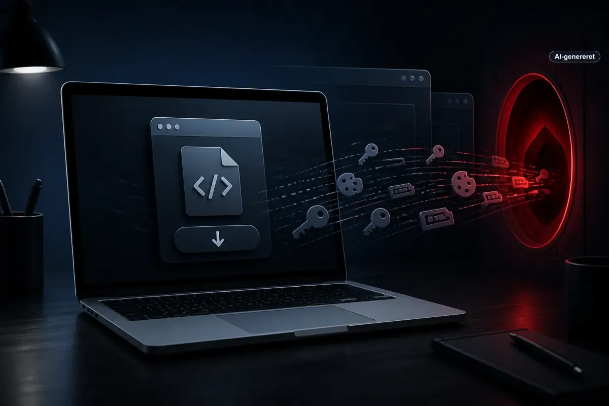 AI-genereret illustration af en Mac, hvor adgangsnøgler og browsersessioner trækkes mod en rød sikkerhedstrussel