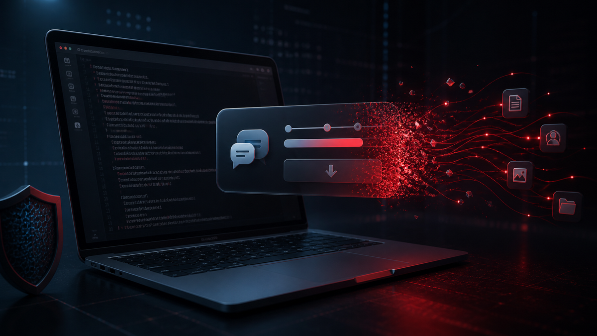 En redaktionel illustration af en falsk installationsguide, der sender data ud fra en Mac-lignende computer