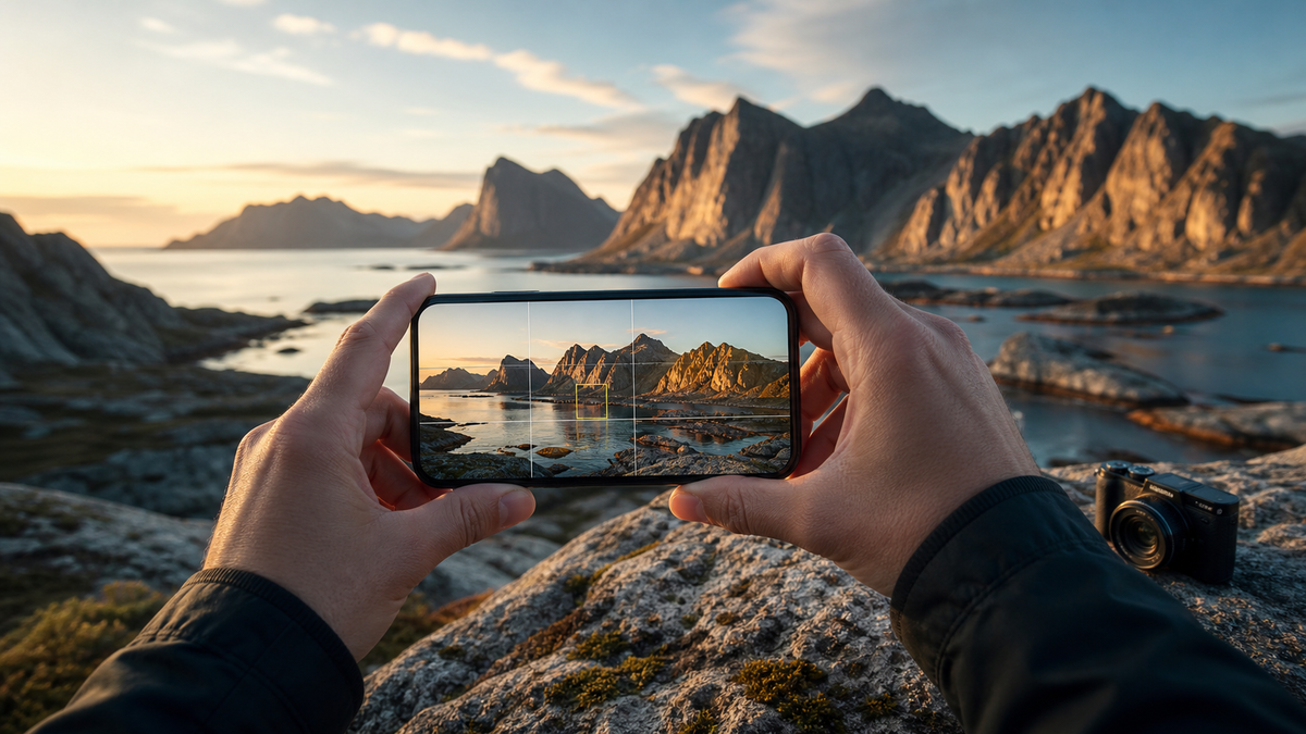 En person fotograferer et nordisk kystlandskab med en smartphone og kompositionsnet