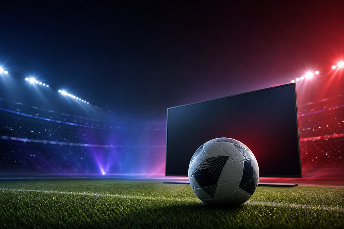 Fodbold på en oplyst bane foran en stor streaming-skærm