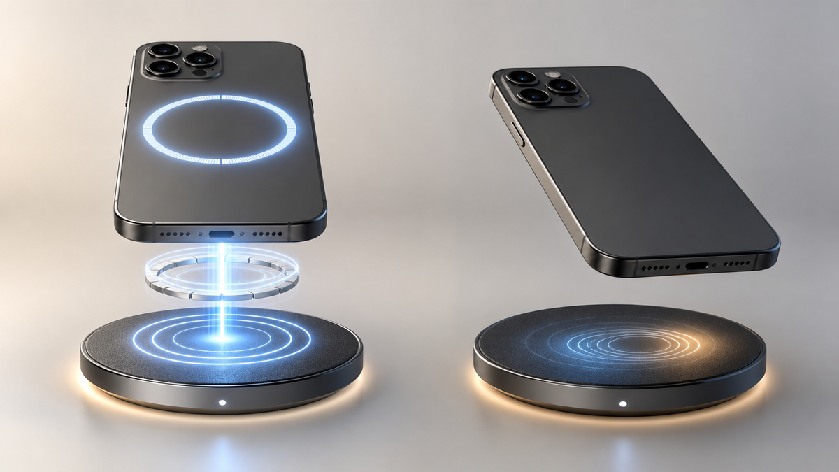 To smartphones over trådløse opladere; den ene er magnetisk justeret med en lysende ring