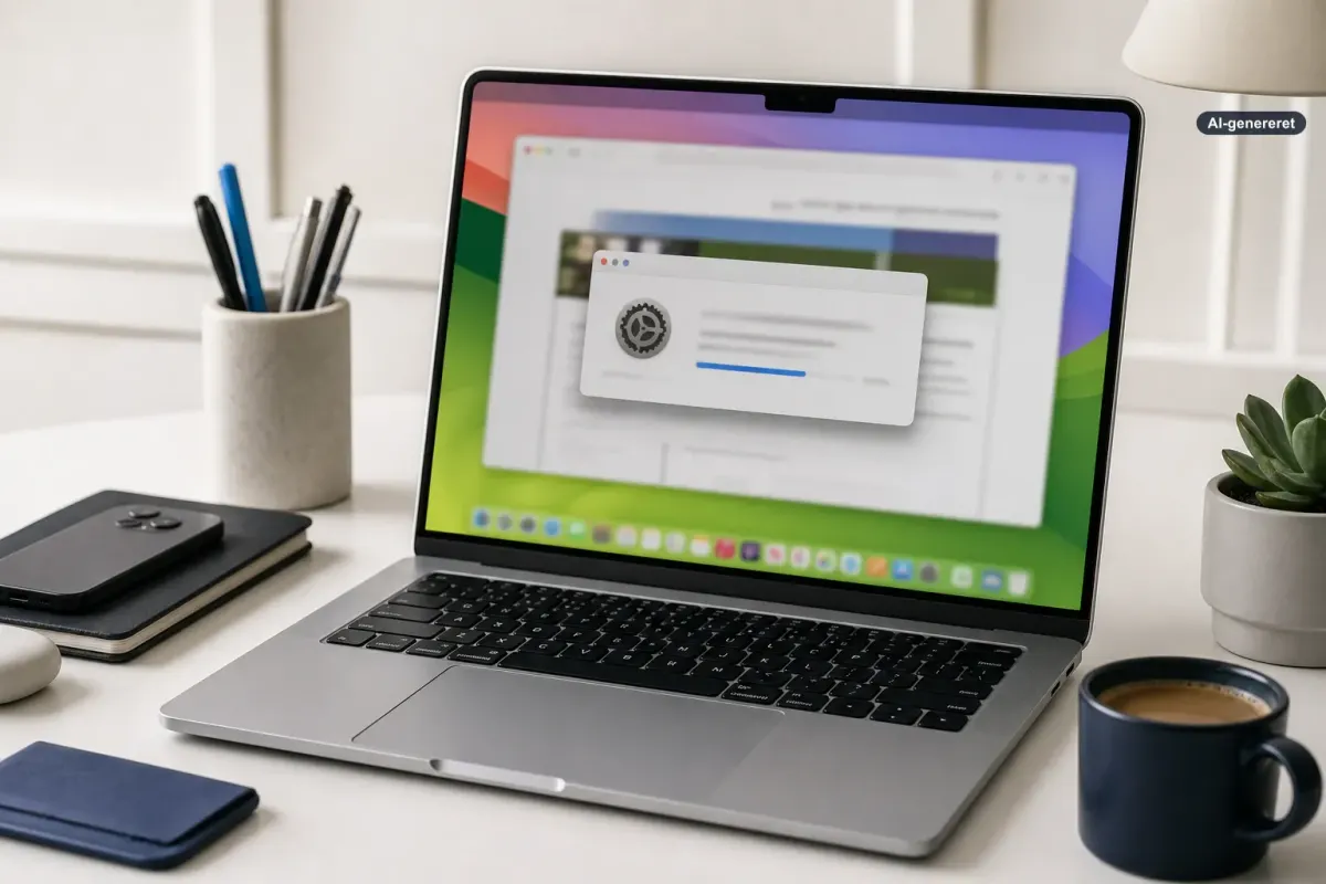 Redaktionel illustration af en MacBook med Safari og symboler for en sikkerhedsopdatering