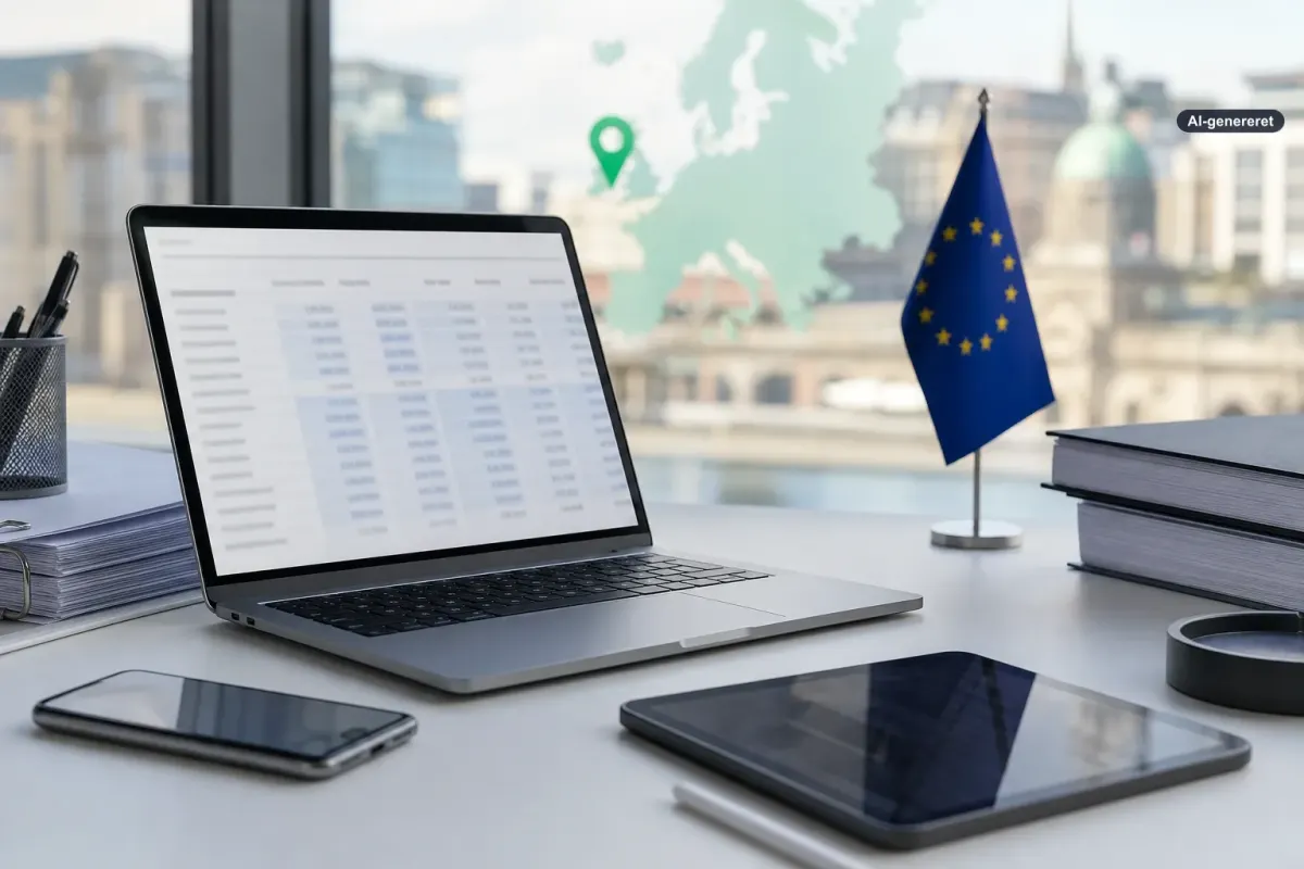 AI-genereret illustration af Apple, skattedokumenter og Irland i en europæisk sammenhæng