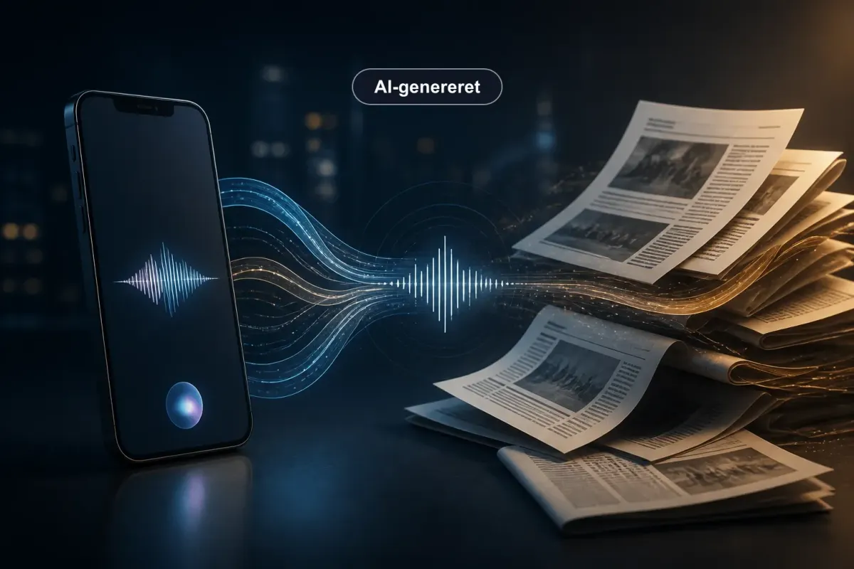 Generisk smartphone og avissider forbundet af lysende data omkring en stemmebølge