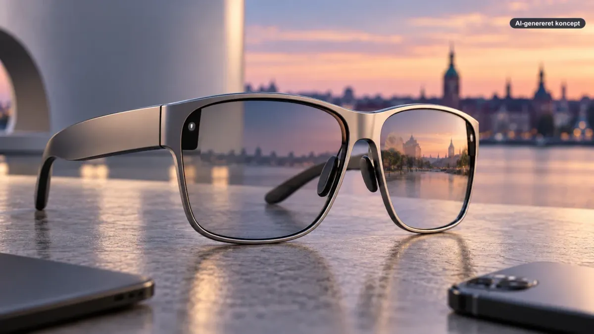 AI-genereret konceptillustration af mulige fremtidige AI-briller på et bord i skumringen – ikke et officielt Apple-design