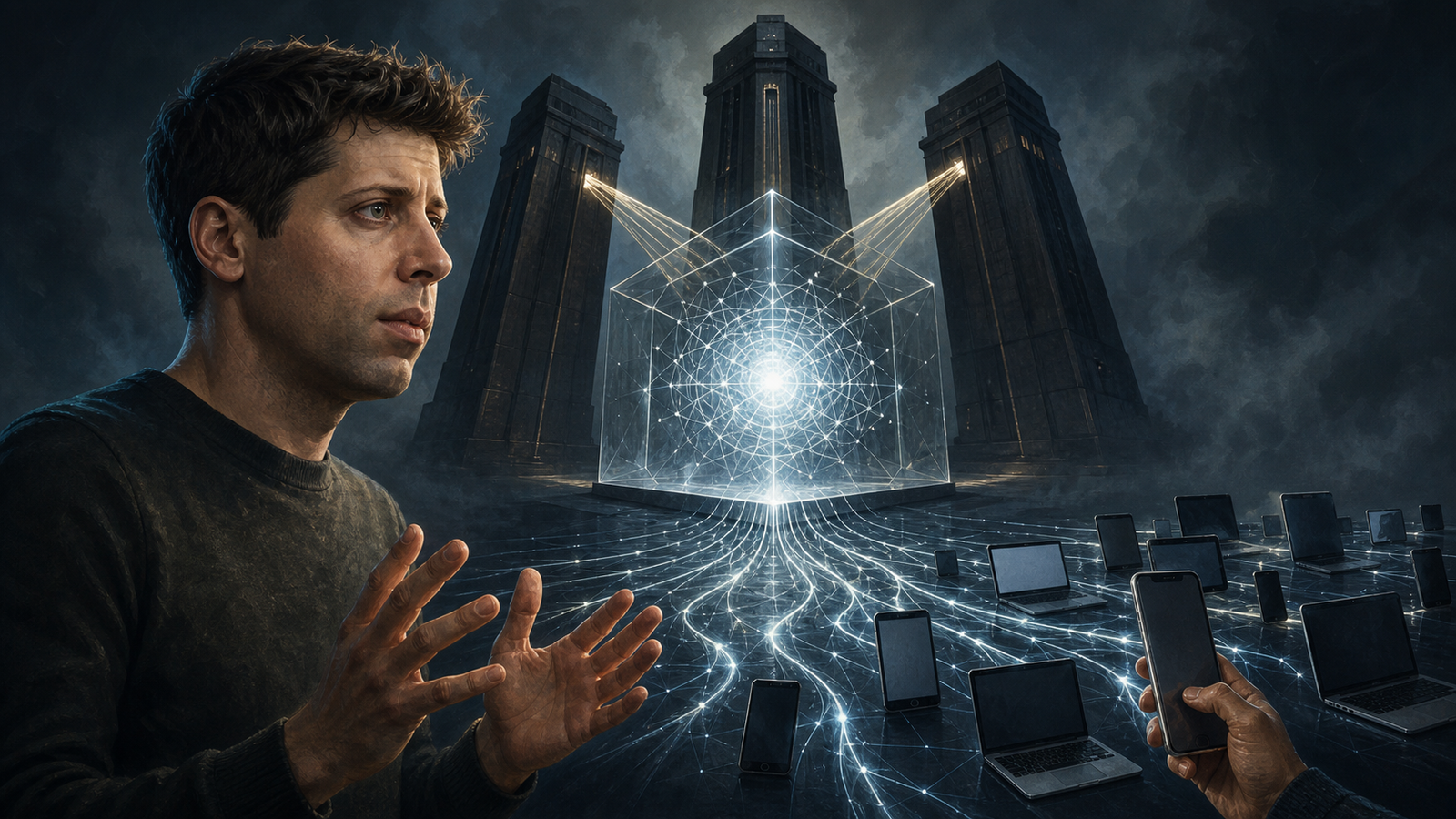 Sam Altman foran en lysende AI-model, som deles mellem få tårne og mange enheder
