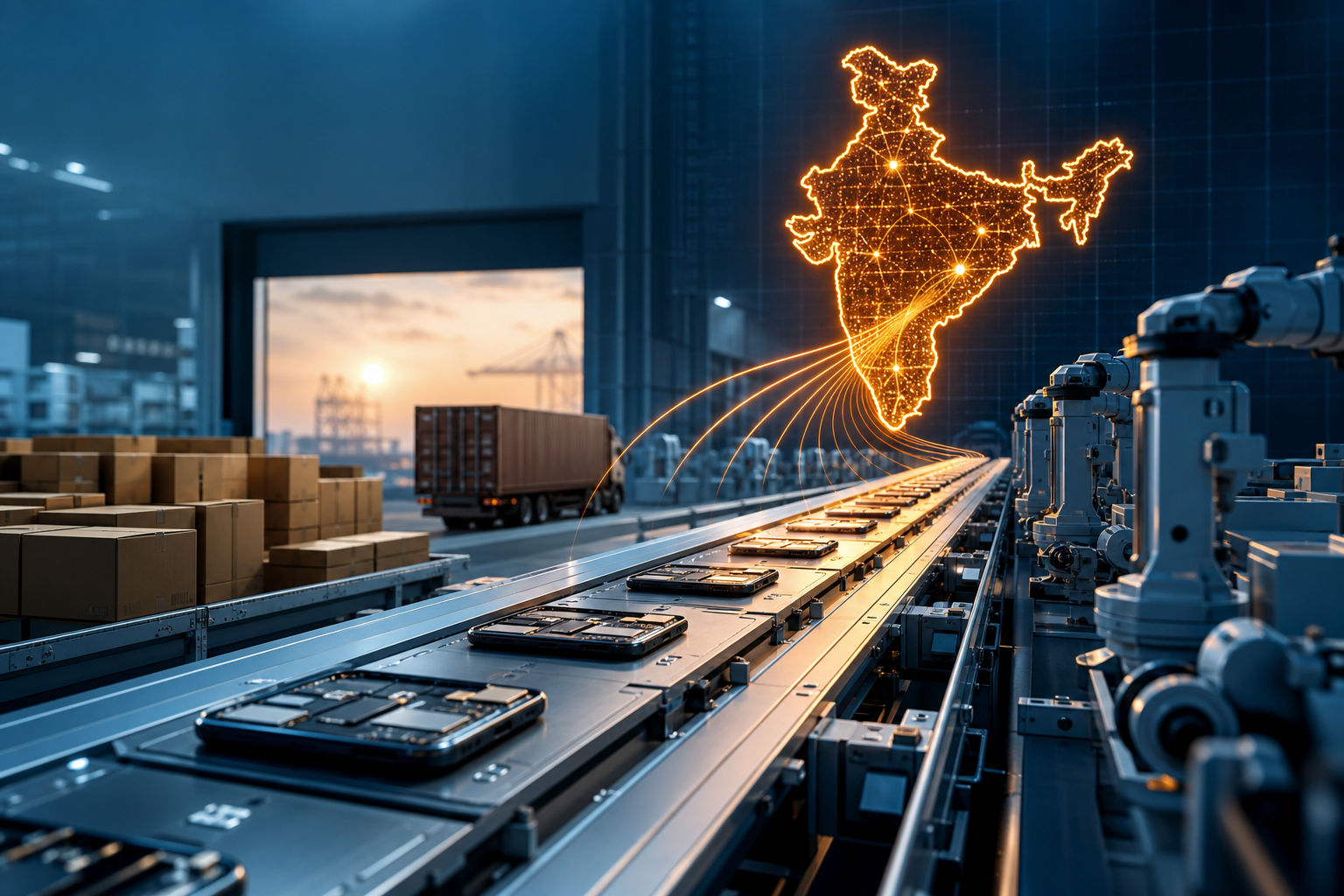 Elektronikproduktion med et lysende kort over Indien