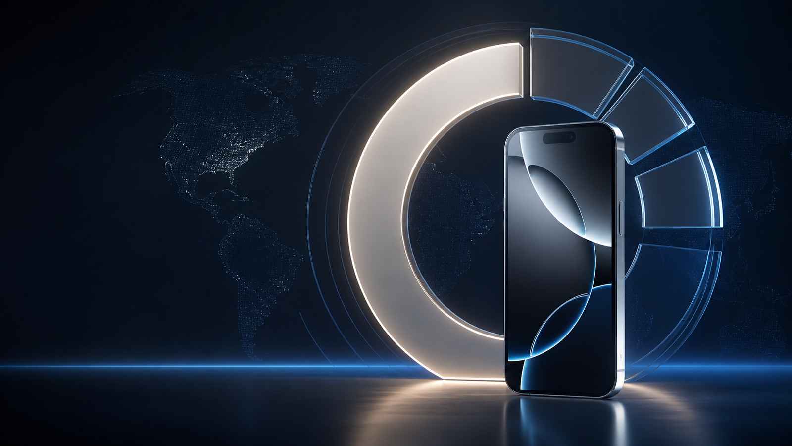 Konceptillustration af en premium-smartphone foran et globalt markedsdiagram