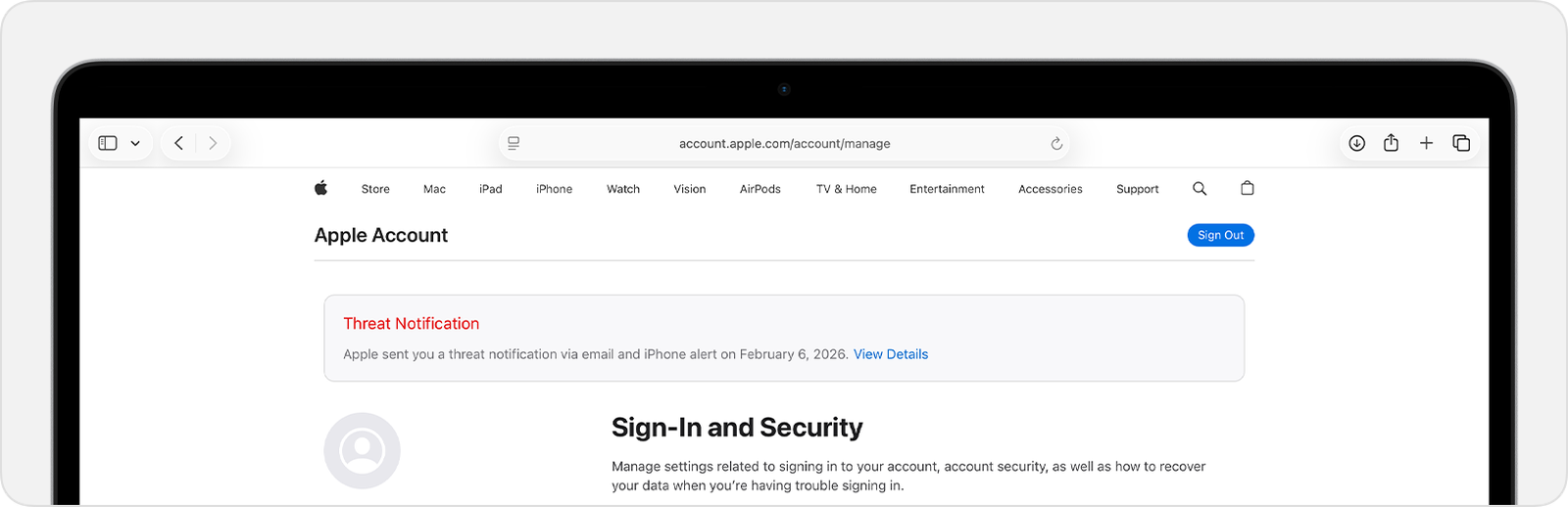 Apples officielle Threat Notification vist på en Apple Account-side