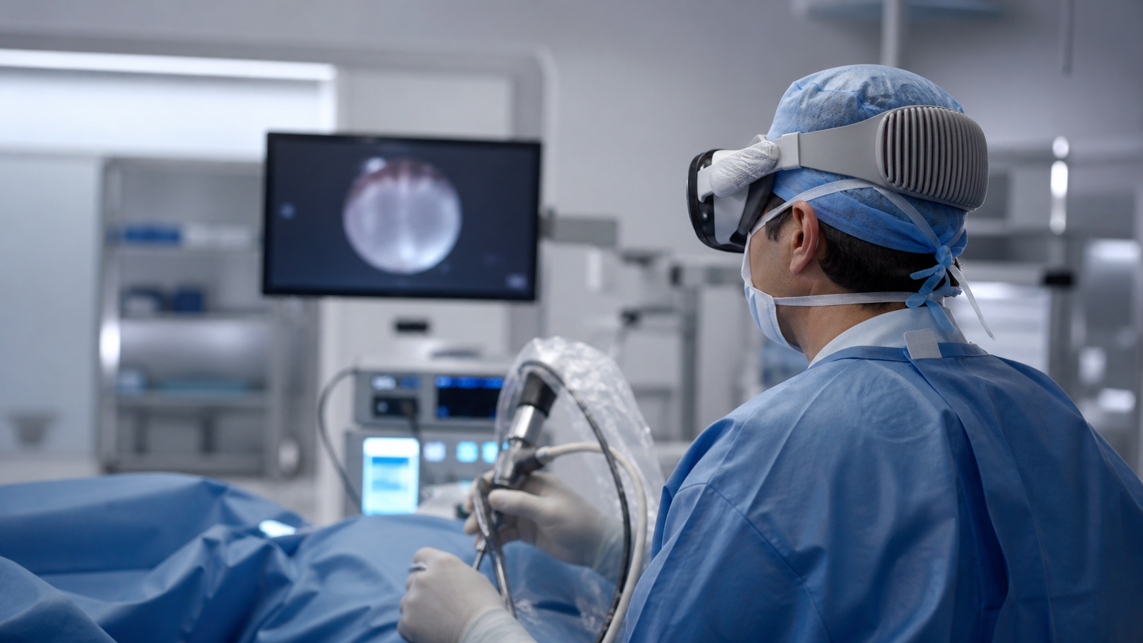 Konceptuel operationsstue med en kirurg, der bruger et mixed-reality-headset som endoskopisk skærm
