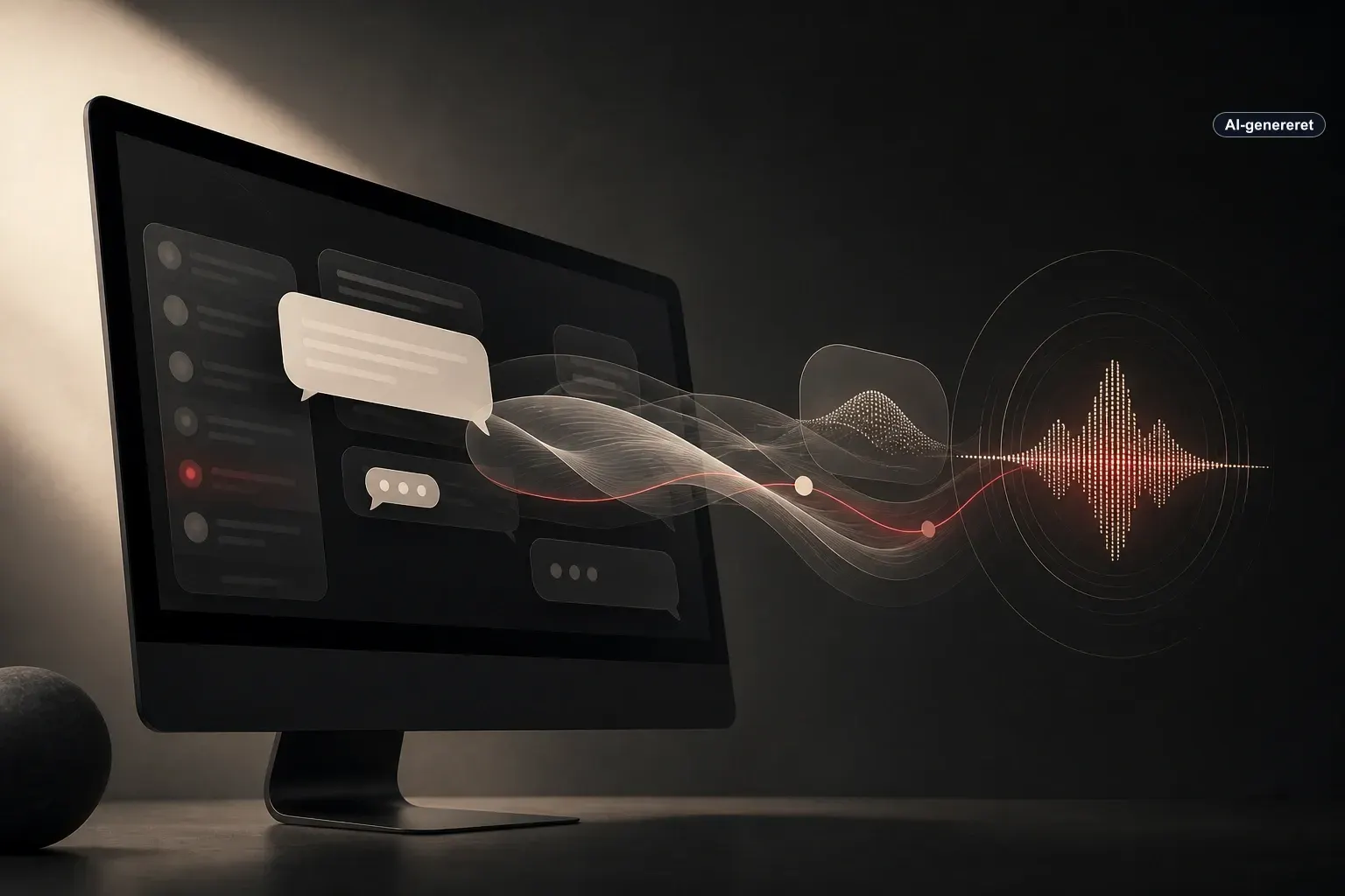 AI-genereret illustration af beskeder, der bevæger sig mellem en Mac og en AI-assistent