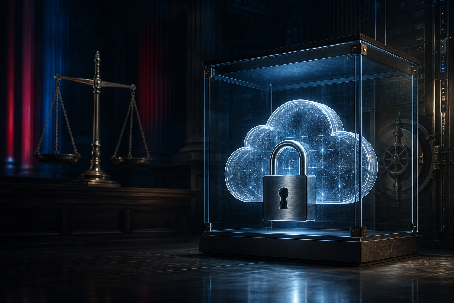 Låst cloud-datalager ved siden af en domstolsvægt