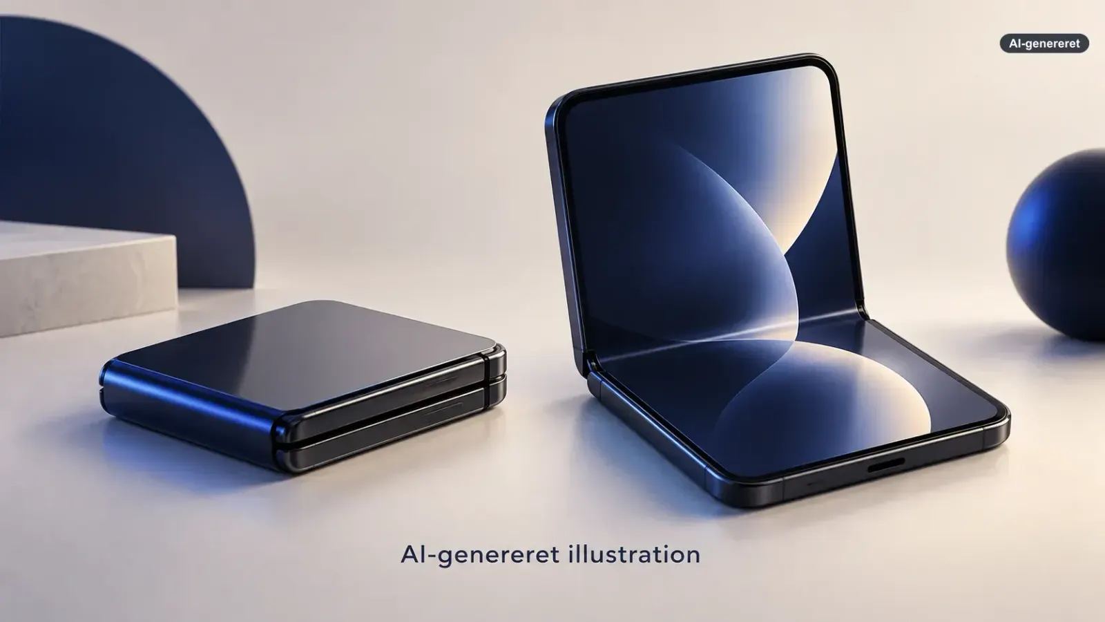 AI-genereret illustration af en lukket og en åben foldbar telefon – ikke Apples officielle design