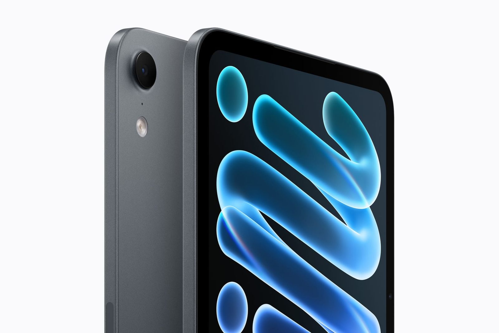 Den nye iPad mini i farven midnat, set forfra og bagfra.