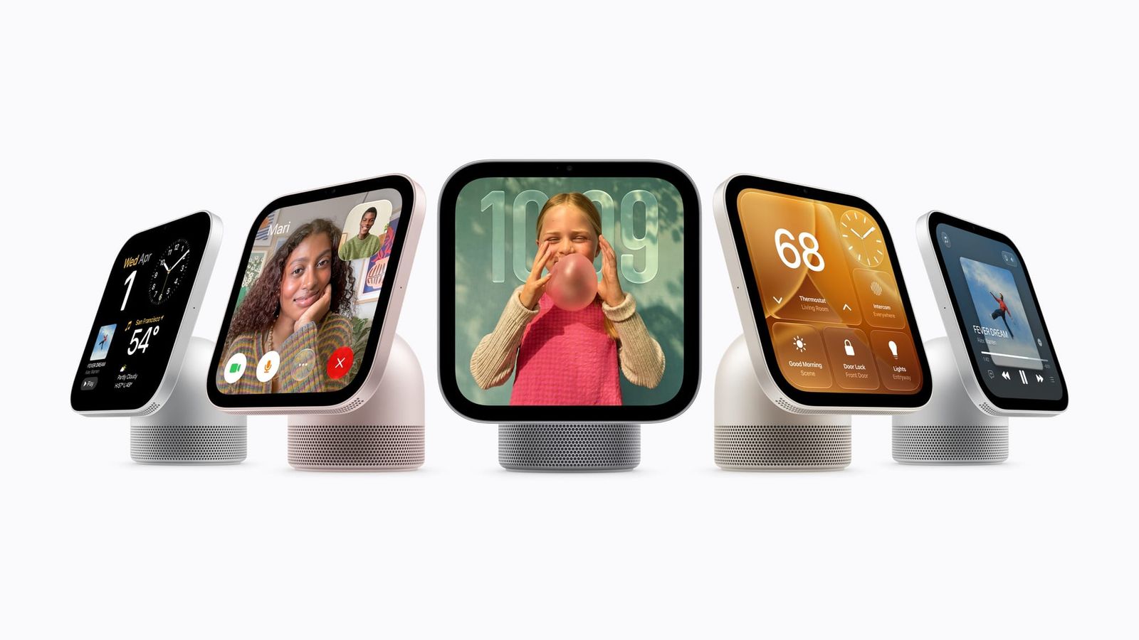 Fem Apple HomeView-enheder i forskellige farver med forskellige funktioner vist på skærmene