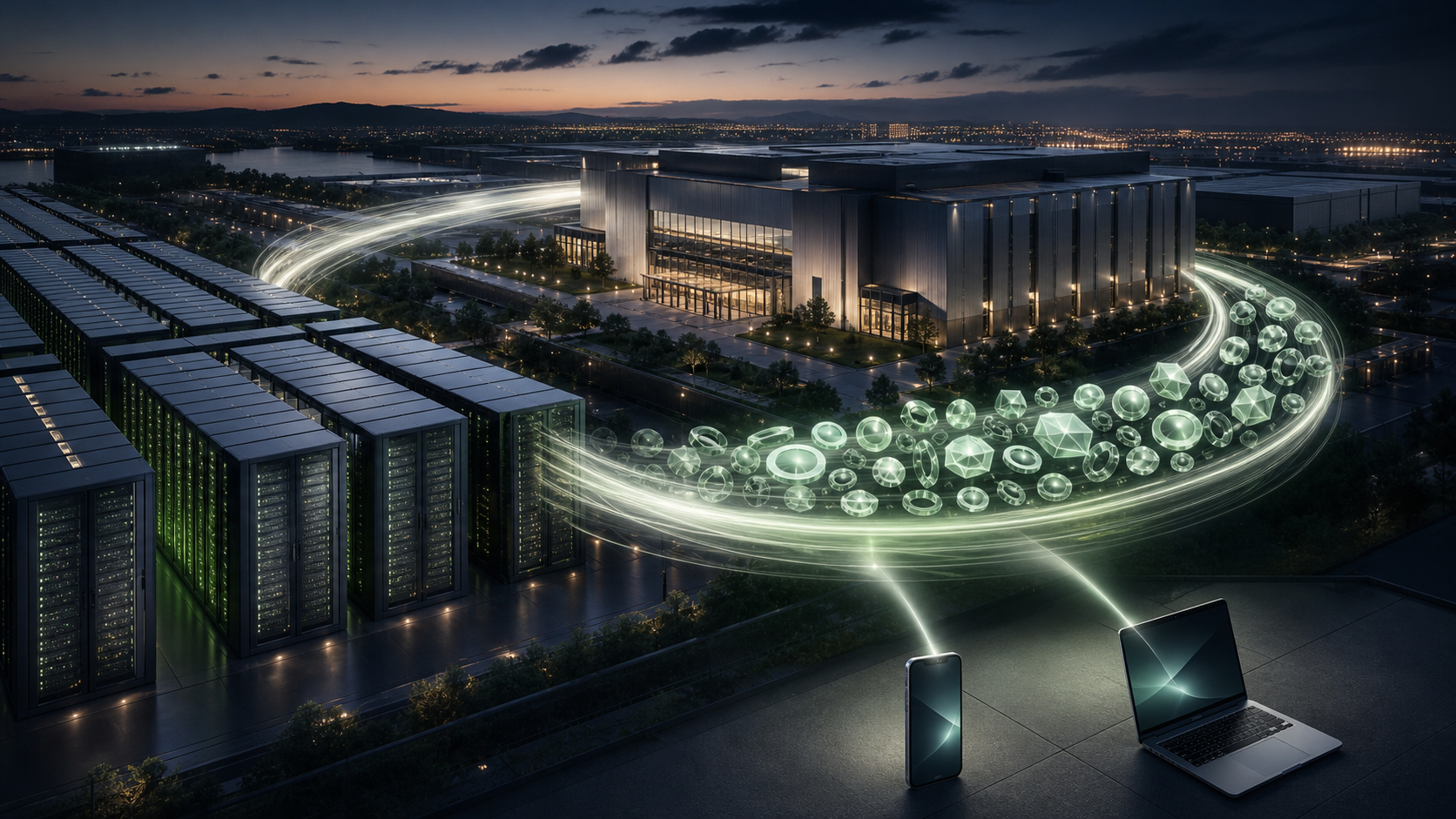 Et enormt datacenter, serverrækker og forbrugerenheder forbundet i en lysende finansieringskreds