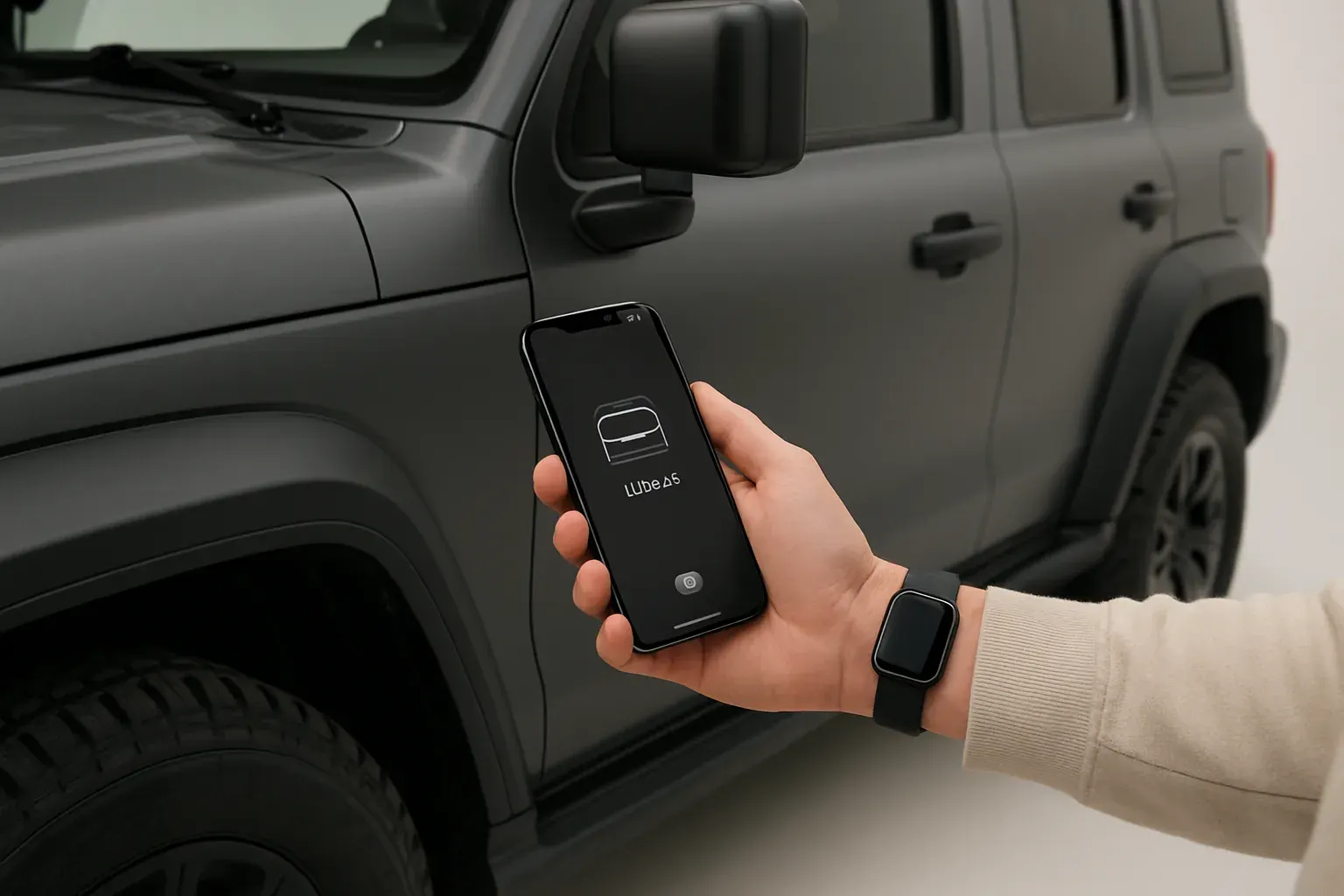 En telefon bruges som digital nøgle ved en anonym moderne SUV