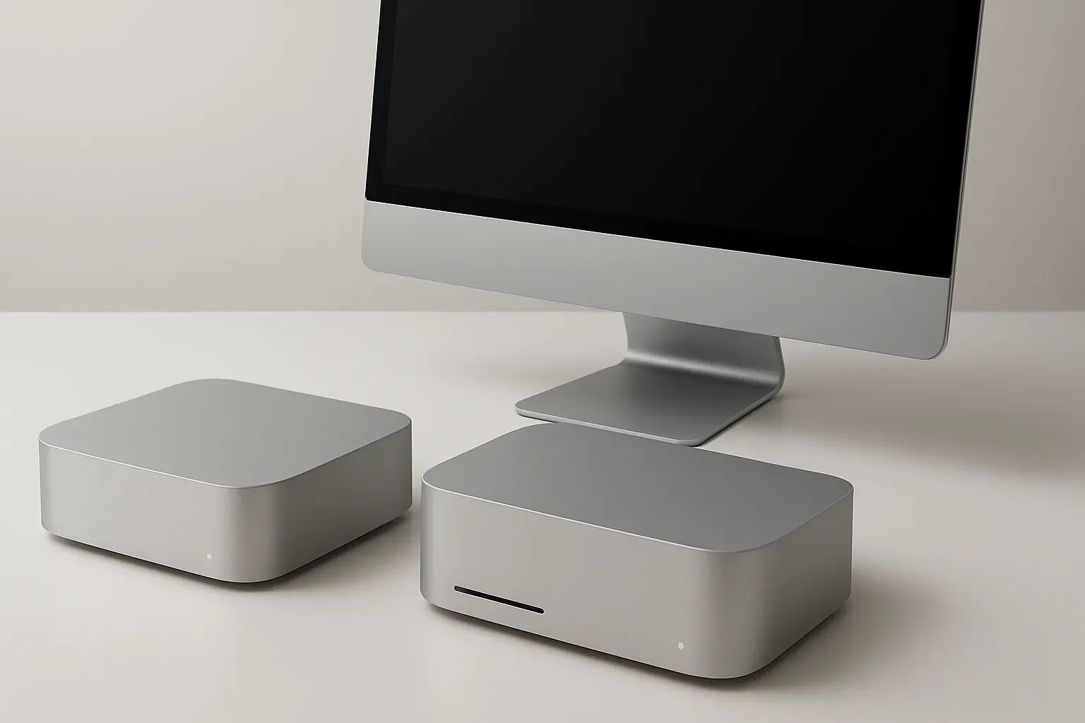 AI-genereret konceptillustration af kompakte stationære Macs og en skærm på et studie­bord