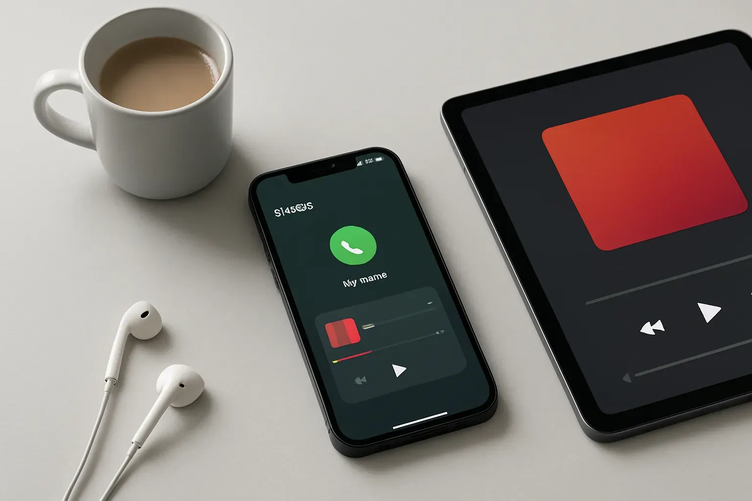 AI-genereret konceptillustration af en iPhone med musikdeling og en iPad på et skrivebord