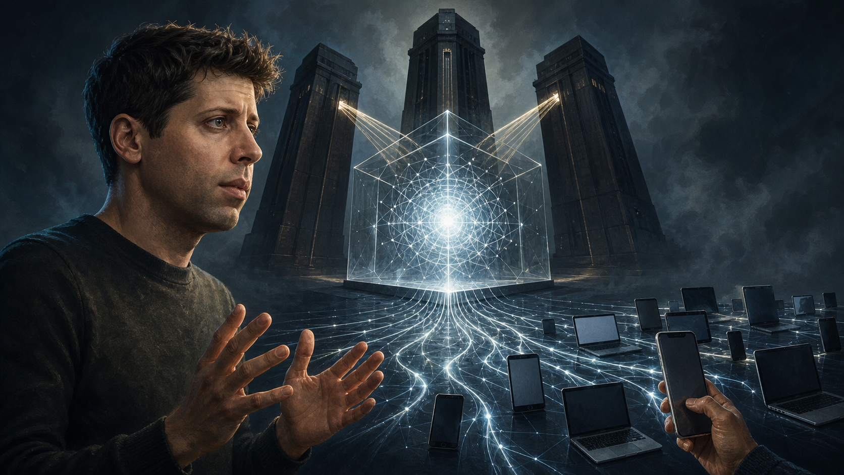 Sam Altman foran en lysende AI-model, som deles mellem få tårne og mange enheder