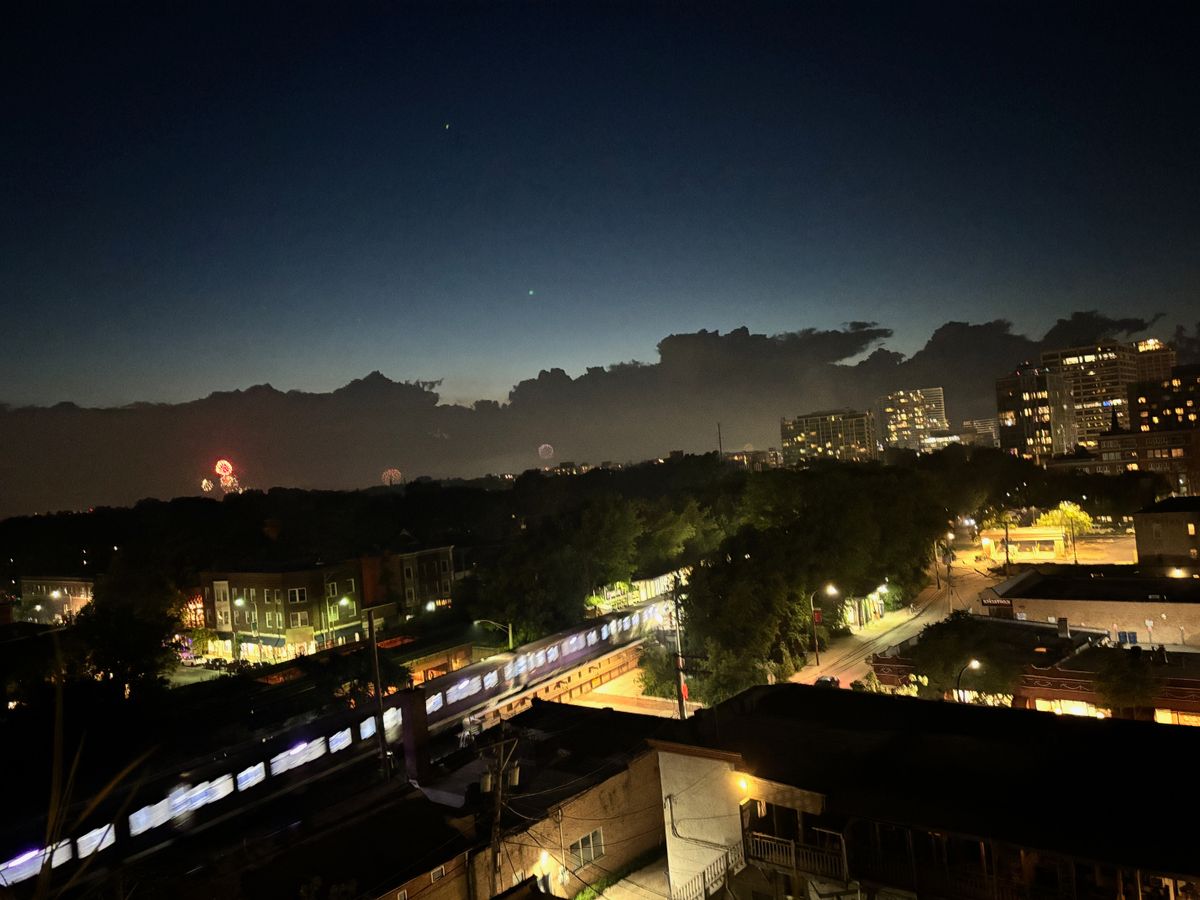 Evanston Illinois at night. CTA Purple line.