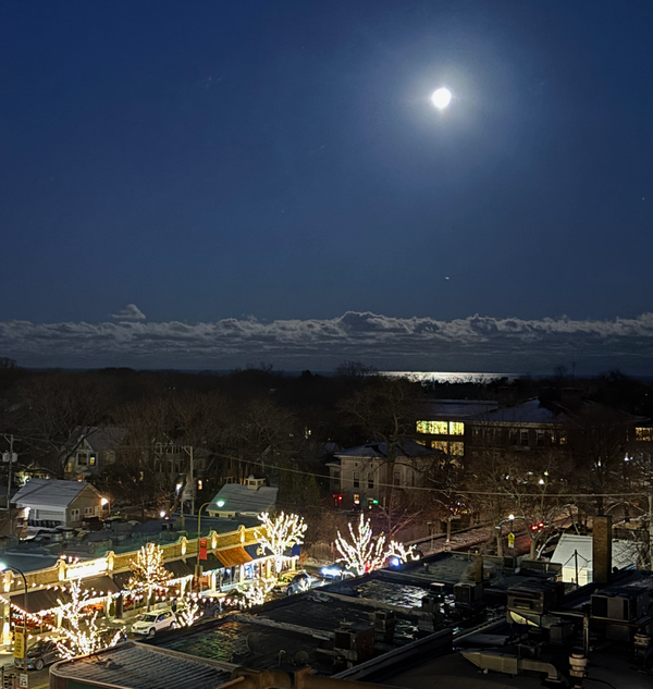 Full moon over Lake Michigan and an Evanston neighborhood.